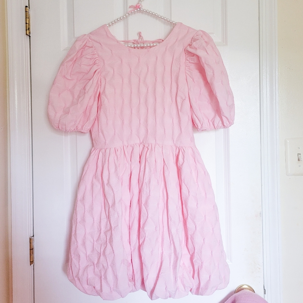 English Factory Pink Textured Balloon Mini Dress - Picture 4 of 15